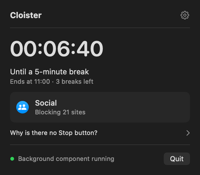 Cloister’s menu during a session with breaks: 00:06:40, Until a 5-minute break, Ends at 11:00 · 3 breaks left, and the Social list blocking 21 sites.