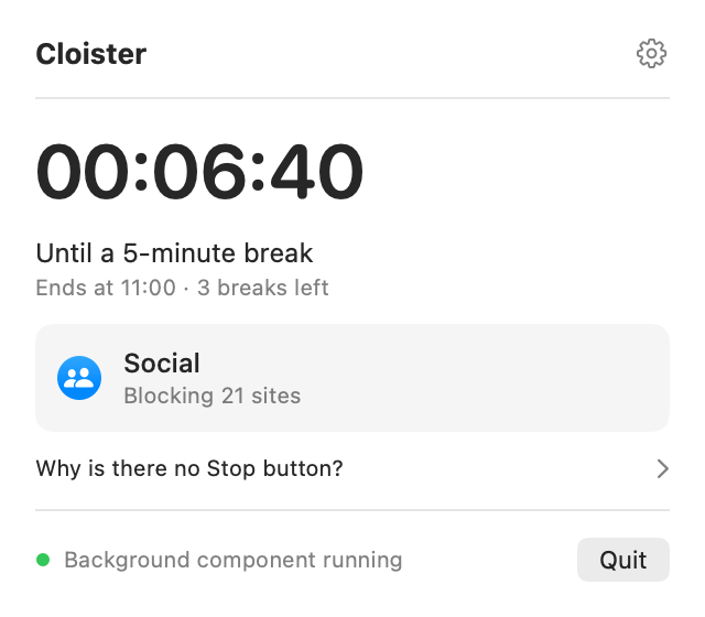 Cloister’s menu during a session with breaks: 00:06:40, Until a 5-minute break, Ends at 11:00 · 3 breaks left, and the Social list blocking 21 sites.