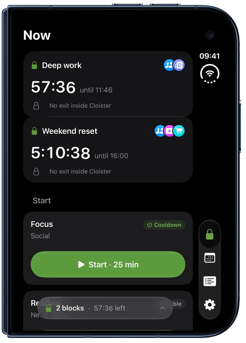 Cloister on a closed iPhone Duo, on its outer display: two blocks running, Deep work and Weekend reset, and Focus ready to start.