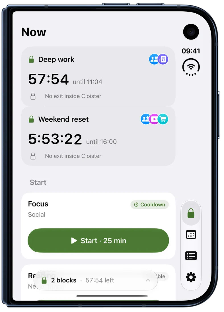 Cloister on a closed iPhone Duo, on its outer display: two blocks running, Deep work and Weekend reset, and Focus ready to start.