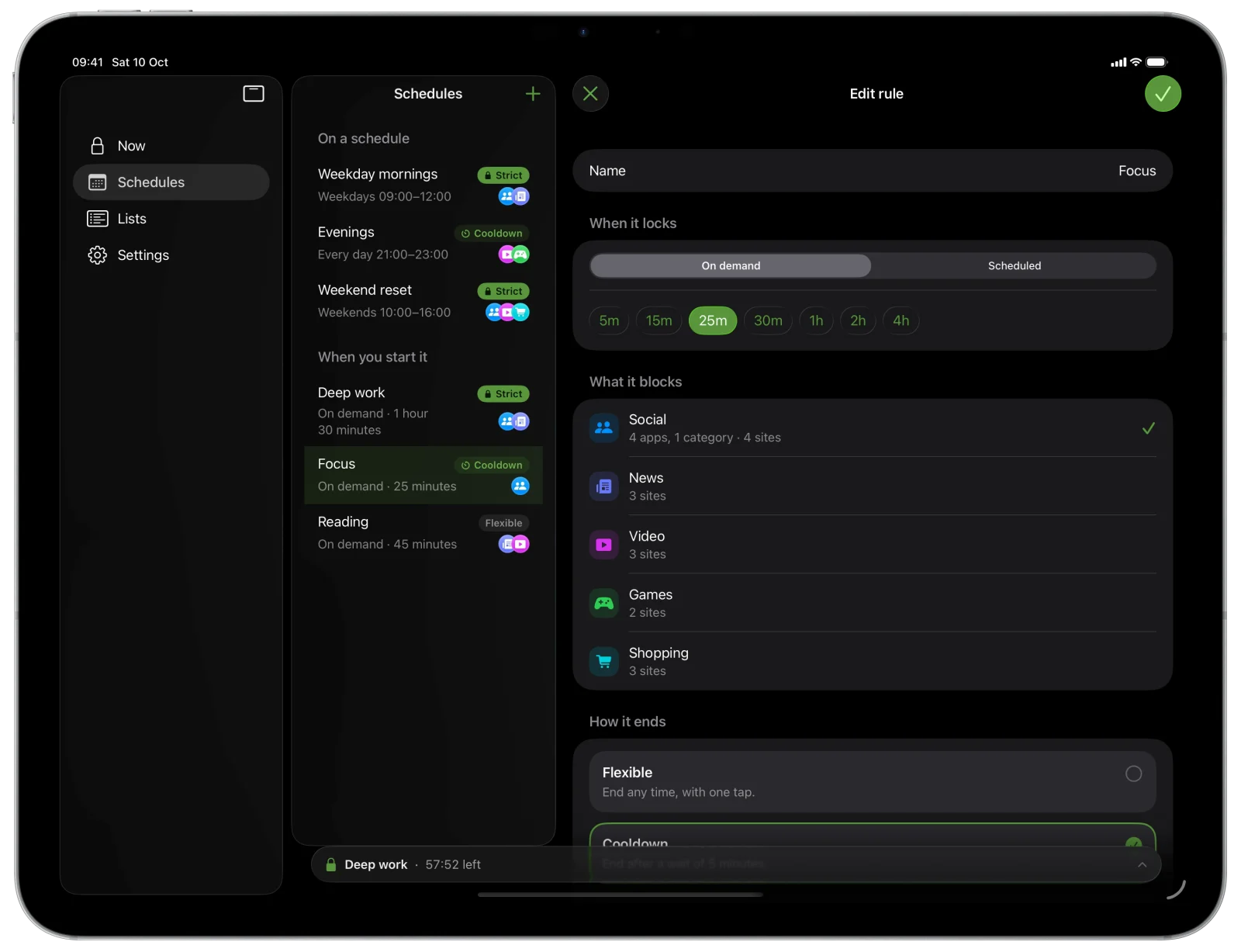 Cloister on iPad in landscape: the Schedules list beside the rule editor, with what each rule blocks and how it ends.