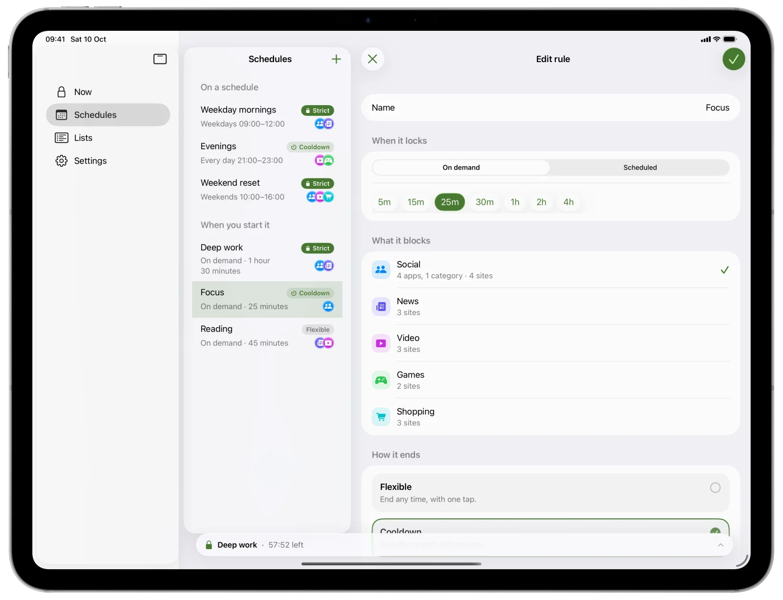 Cloister on iPad in landscape: the Schedules list beside the rule editor, with what each rule blocks and how it ends.