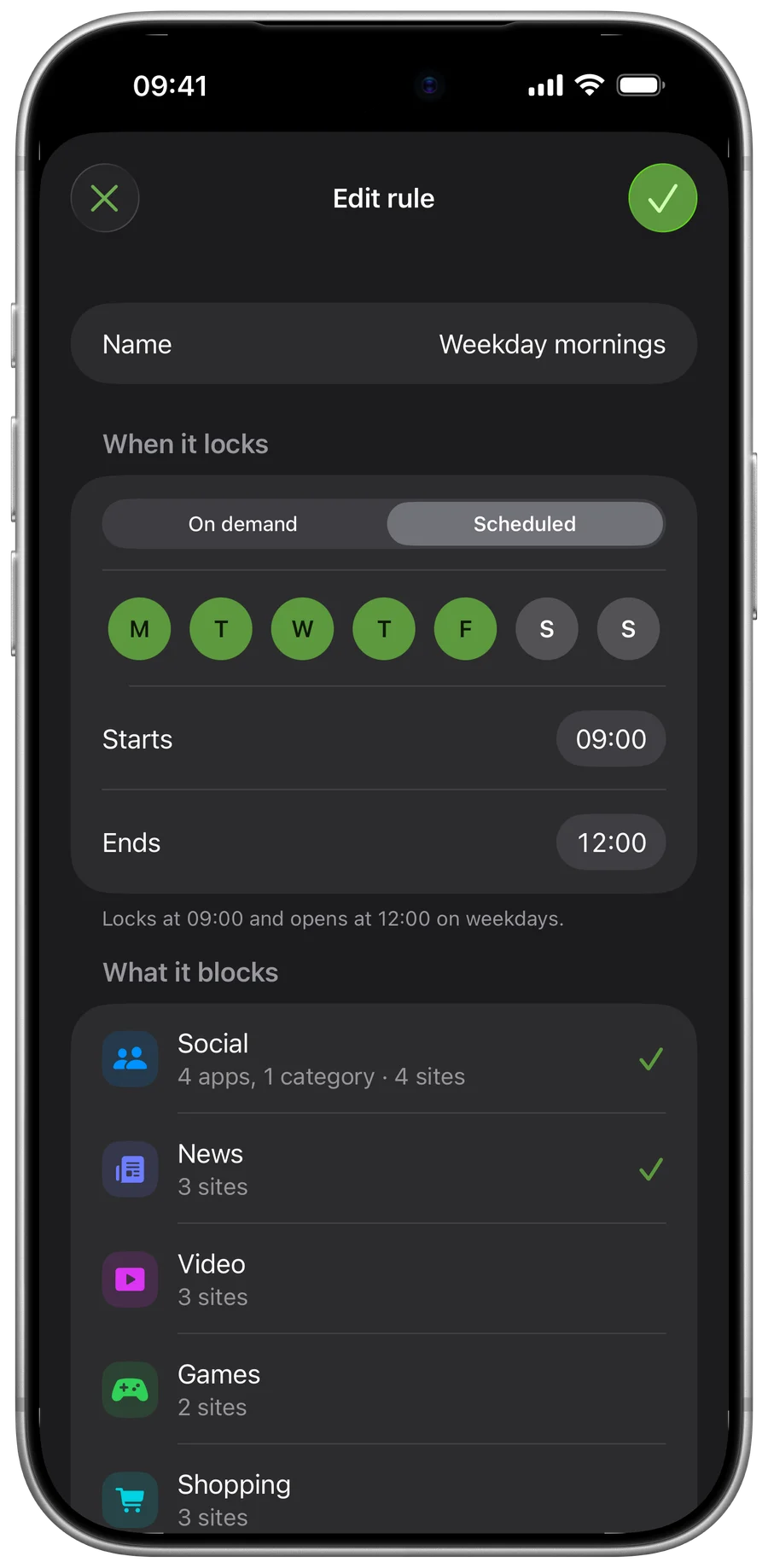 Cloister’s rule editor on iPhone: a scheduled rule for weekdays from 09:00 to 12:00, and the lists it blocks.