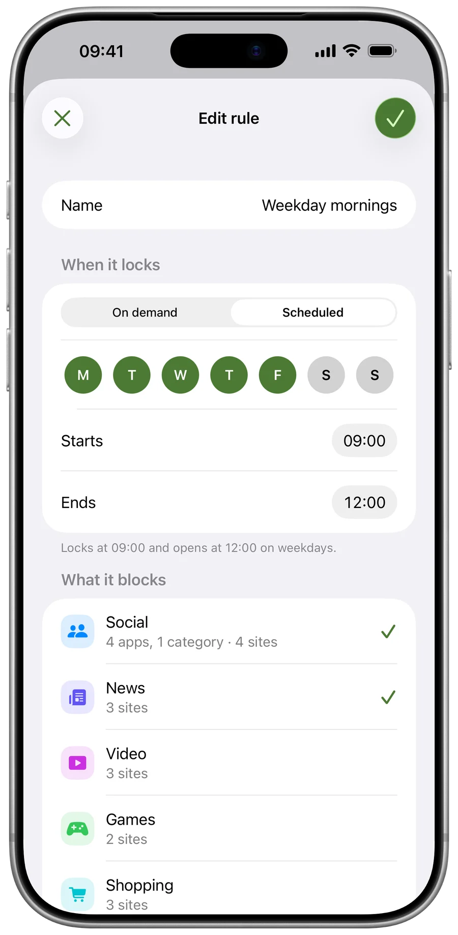 Cloister’s rule editor on iPhone: a scheduled rule for weekdays from 09:00 to 12:00, and the lists it blocks.