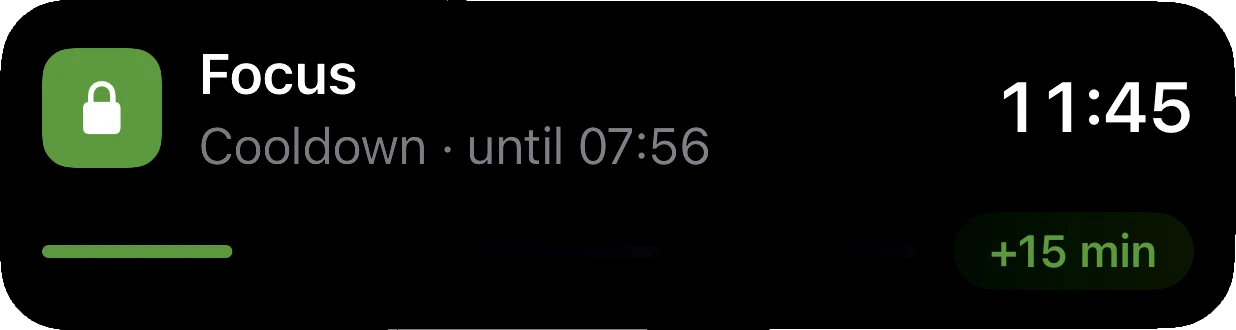 Cloister’s Live Activity, enlarged: the rule Focus, “Cooldown · until 07:56”, 11:45 left above a progress bar, and a +15 min button.