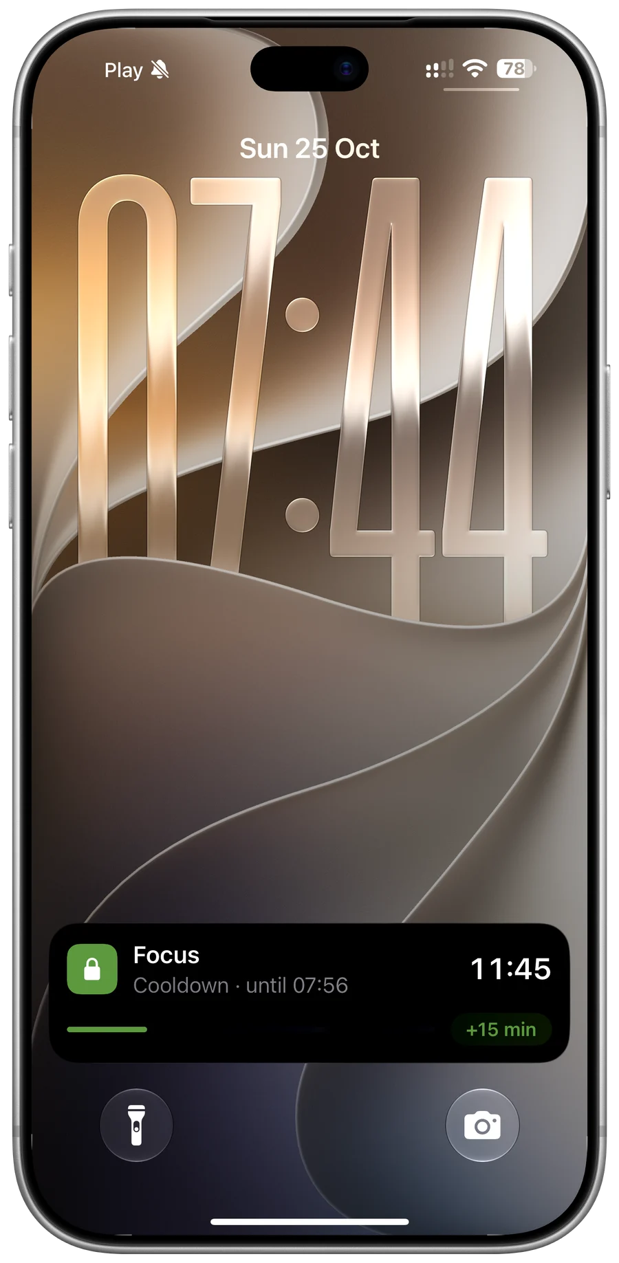 The iPhone Lock Screen during a Cooldown block, with Cloister’s Live Activity and its +15 min button at the bottom.